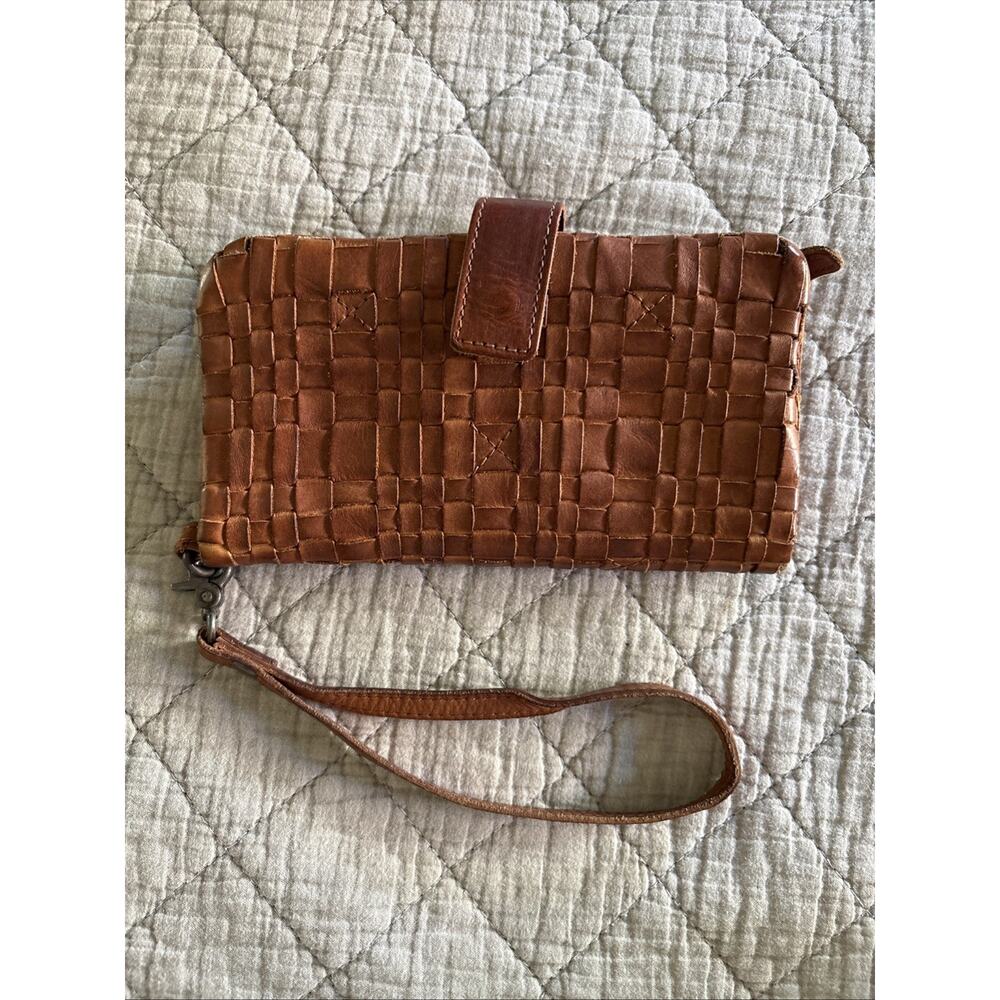 Vilenca Holland Wallet Brown Cognac Leather Woven Soft Slot Basketweave Wristlet